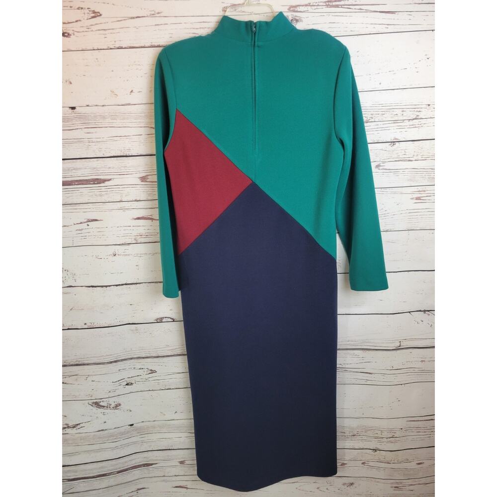 VTG EJM Colorblock Turtleneck Long Sleeve Sheath Dress Green Blue Red Size 8 - Picture 10 of 11